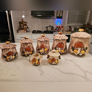 Vtg 1975 Signed Arnels Ceramic Style Mushroom Canister Set Creamer & Sugar Bowl